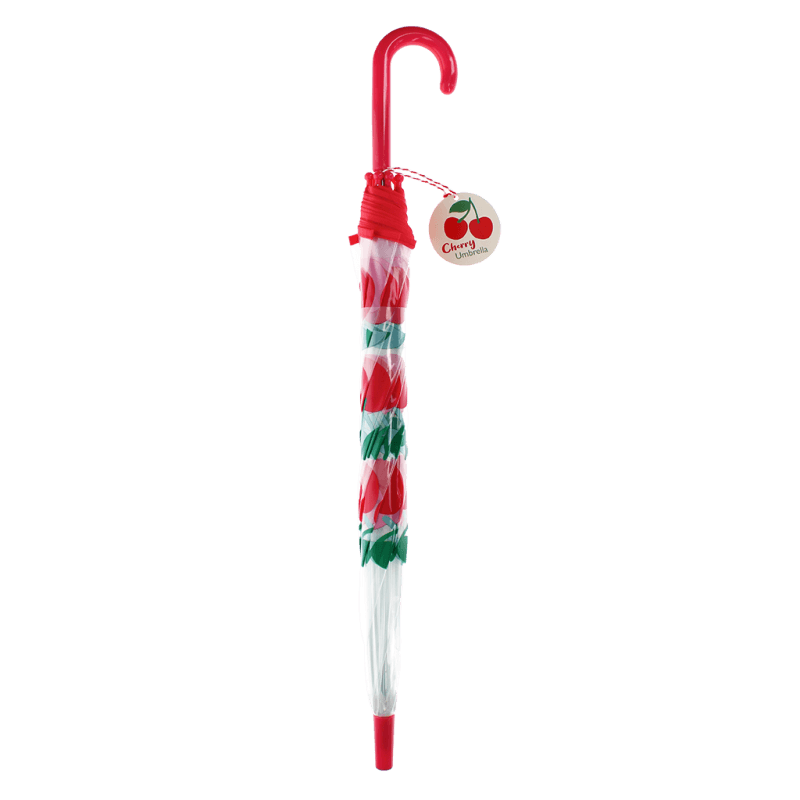 Cherry transparent umbrella closed with red handle and strap detail