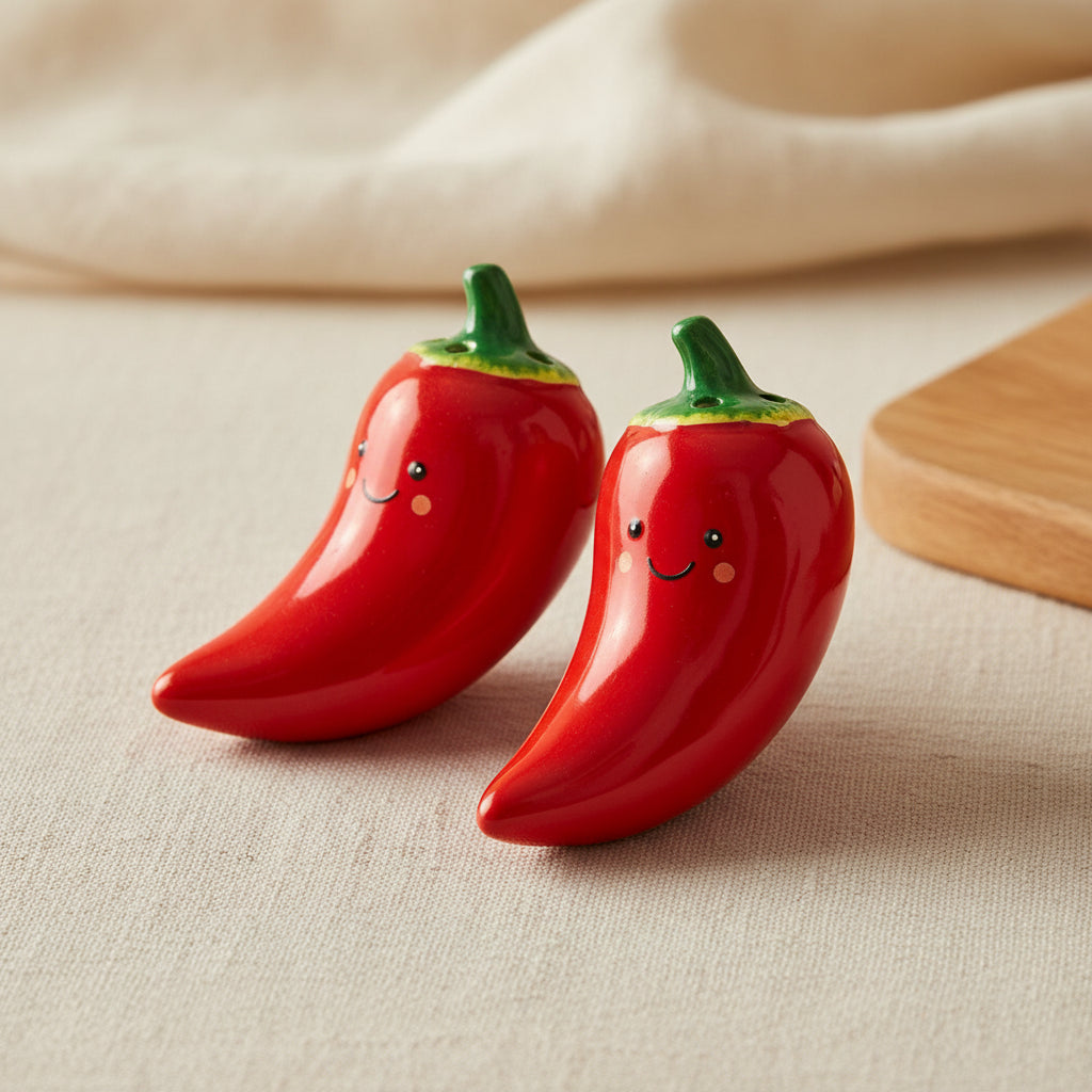 Two red ceramic chili pepper-shaped objects with green tops on a white background