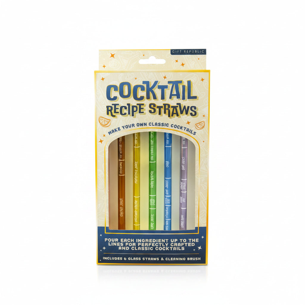 Cocktail Recipe Straws gift set packaging with colourful reusable glass straws, shown on a bright bar-style counter.