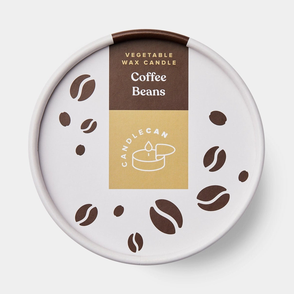 Top-down view of Coffee CandleCan packaging with minimalist white and brown design, featuring coffee bean illustrations and bold typography.