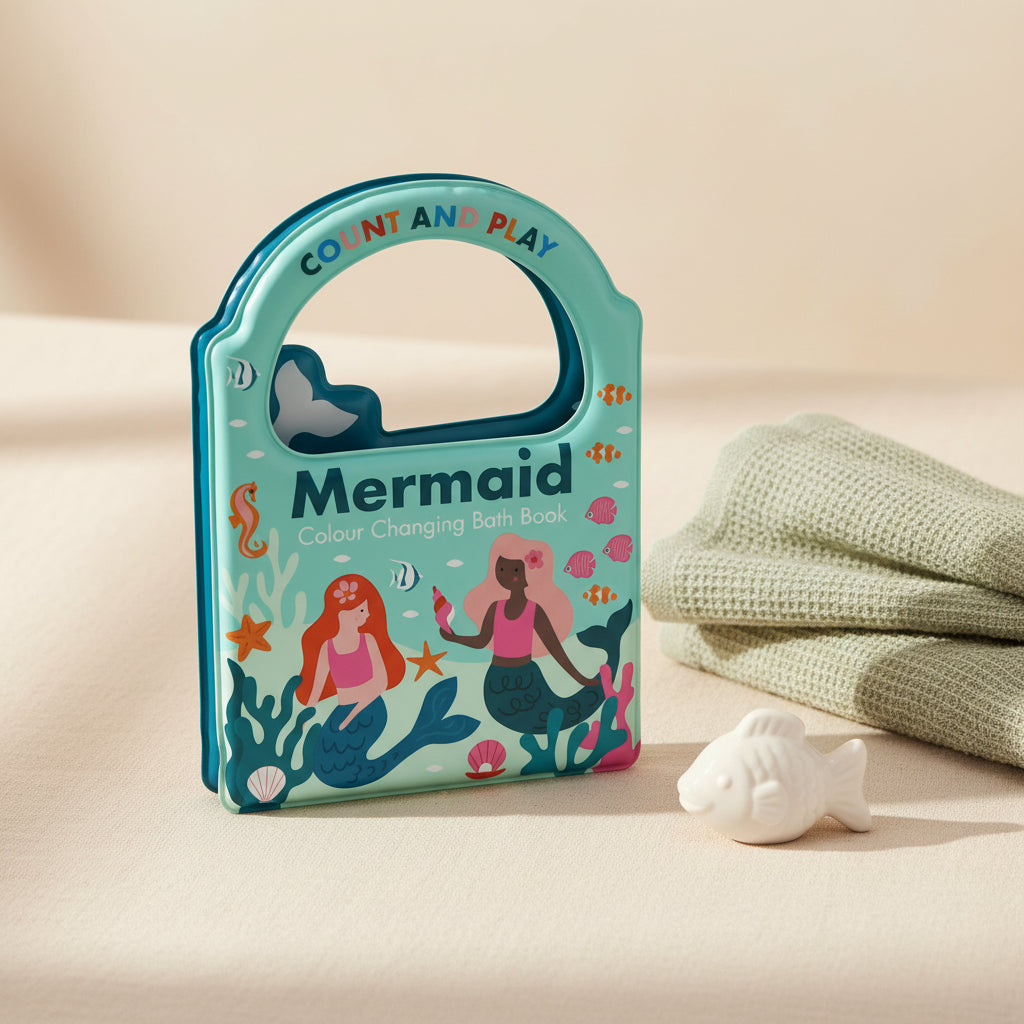 Side view of Mermaid Colour Changing Bath Book showing colourful waterproof pages.