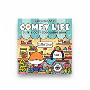 Comfy Life colouring book showing fox character in cosy coffee shop scene