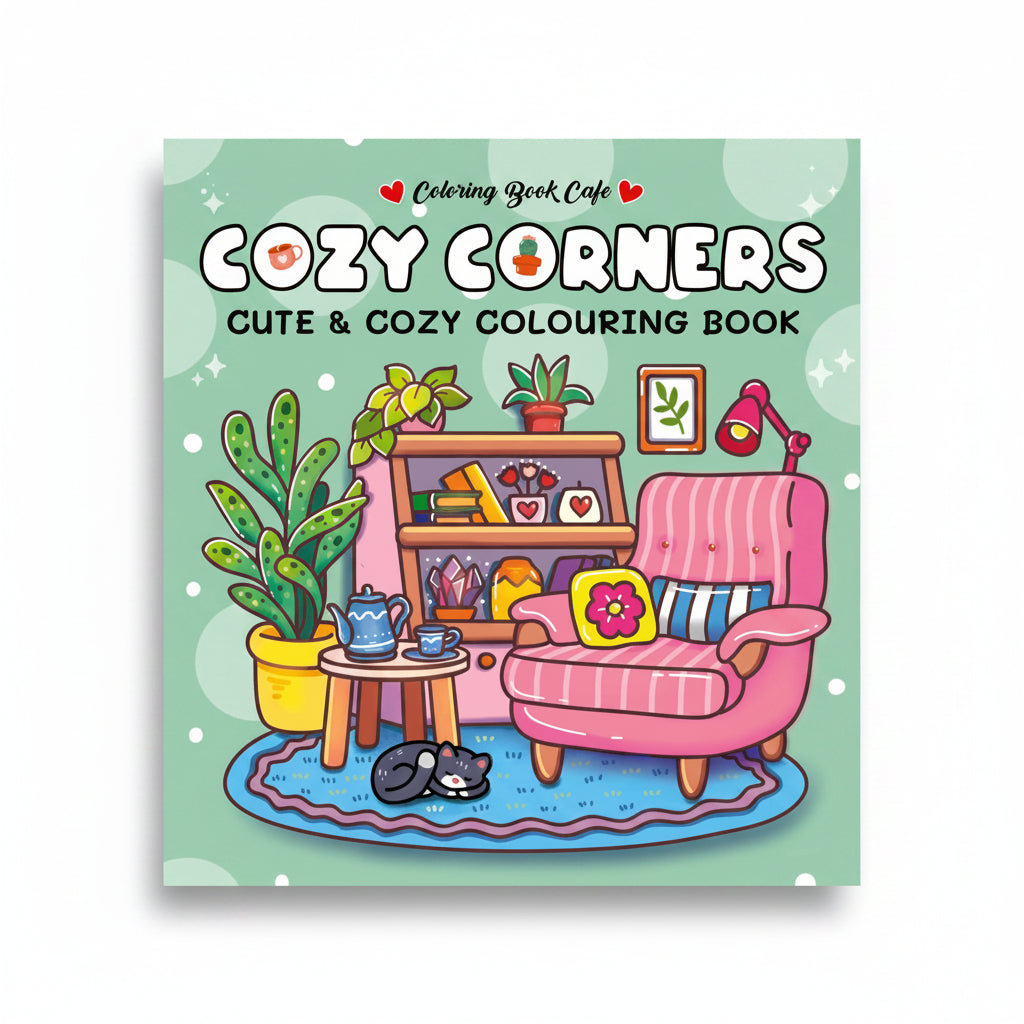 Cozy Corners colouring book showing detailed interior scene design