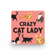 Crazy Cat Lady Coaster with cat illustrations on a pink background.