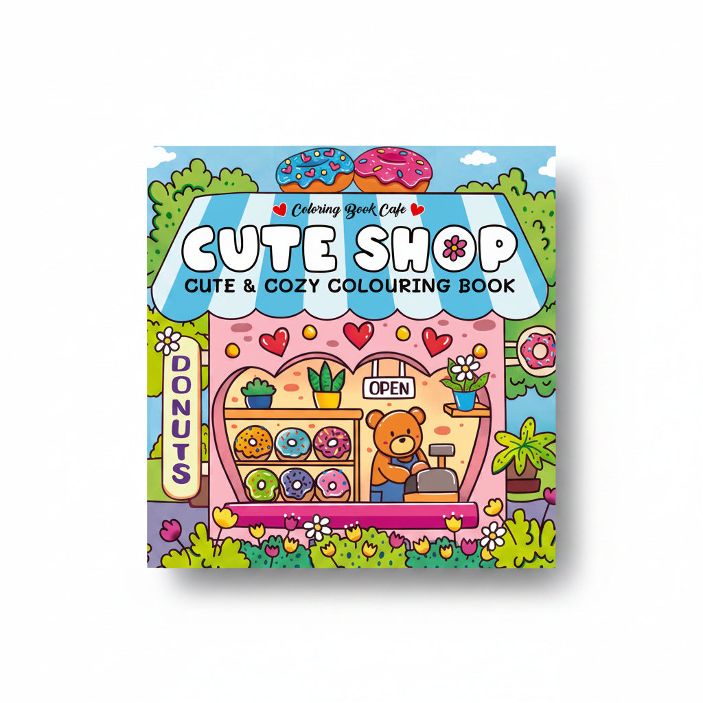 Cute Shop colouring book cover artwork with bakery and bear illustration