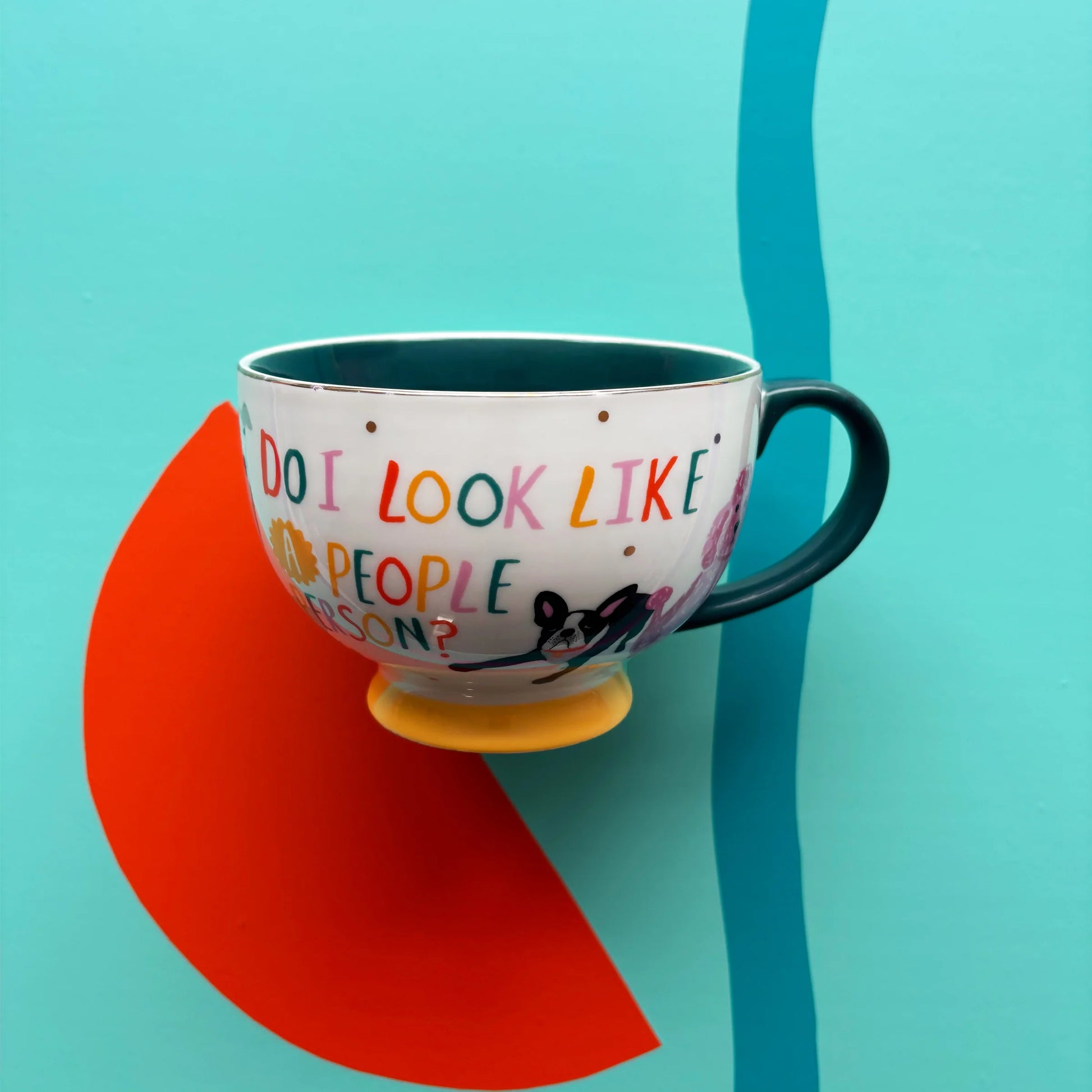 Do I Look Like a People Person mug with colourful text and dog illustration on turquoise background.