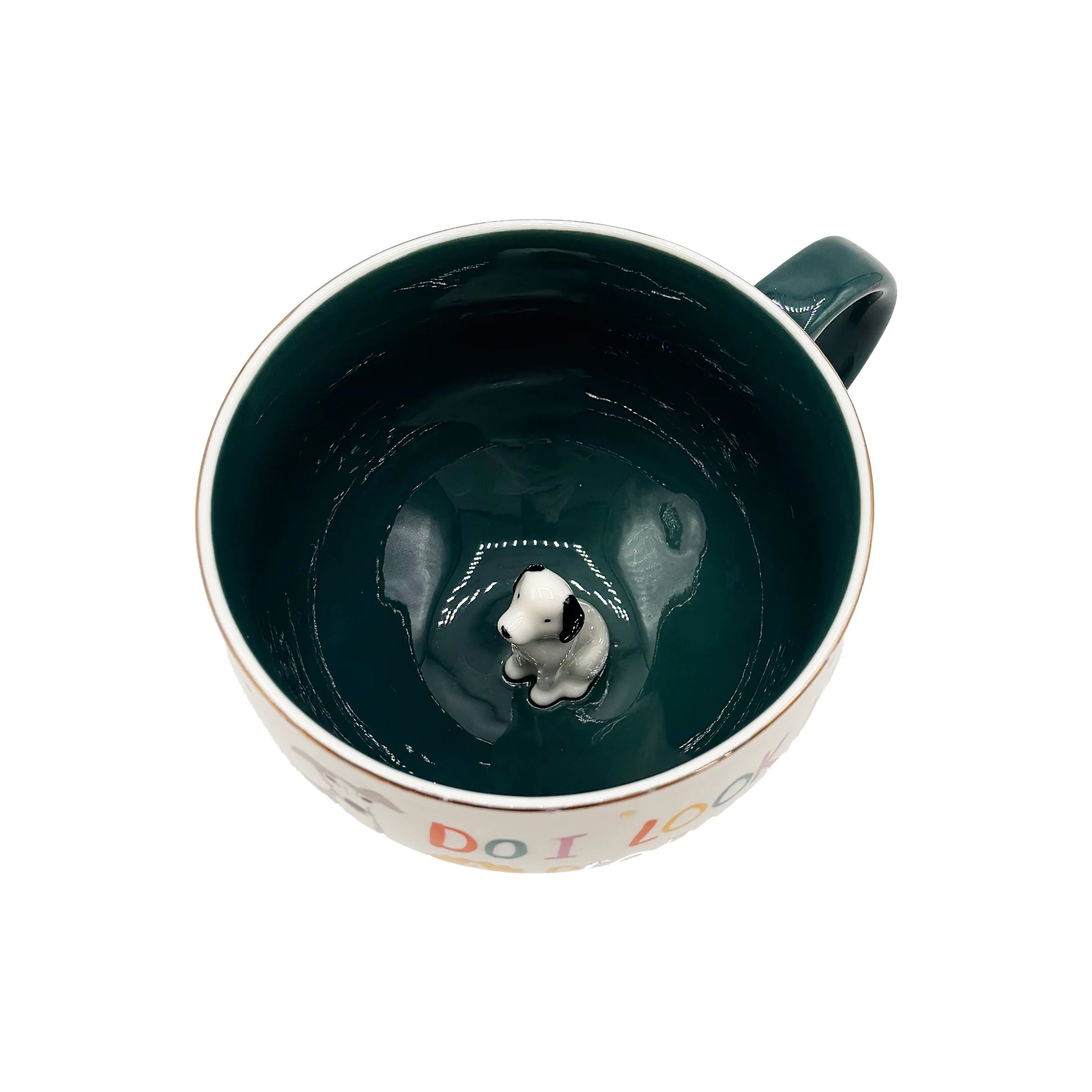 Top-down angle revealing 3D dog figure at base of mug.