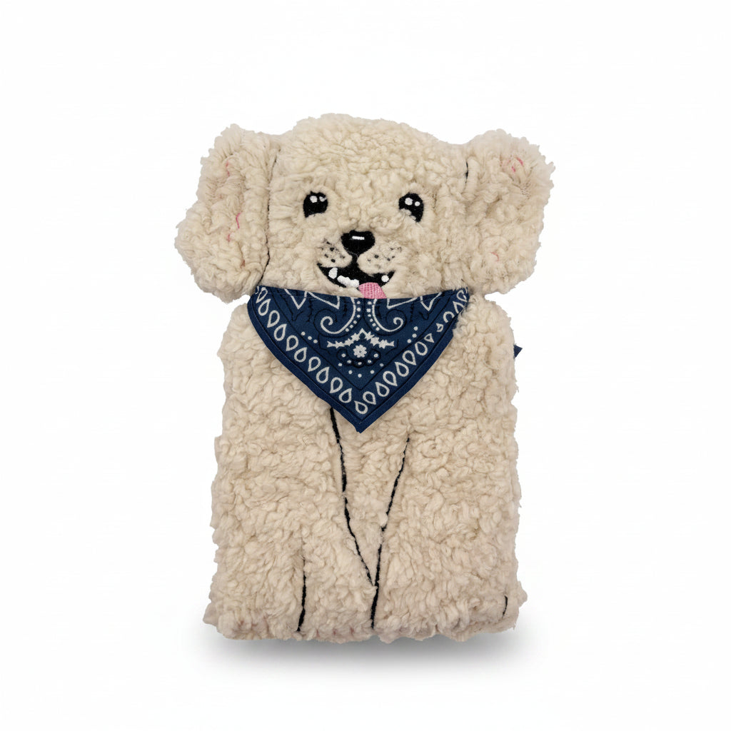 Studio image of boucle dog hot water bottle with blue bandana.