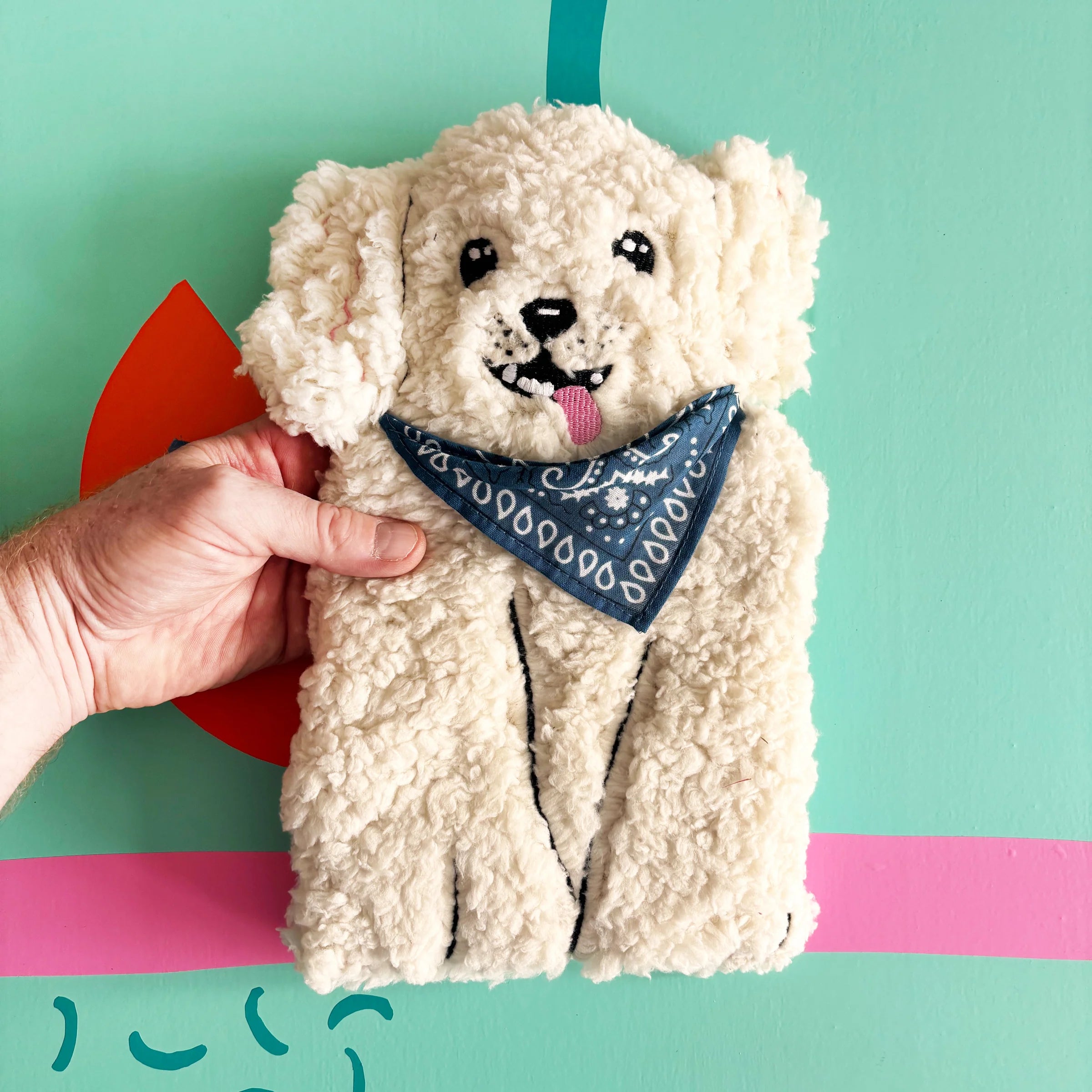 Hand holding dog-shaped hot water bottle showing embroidered face.