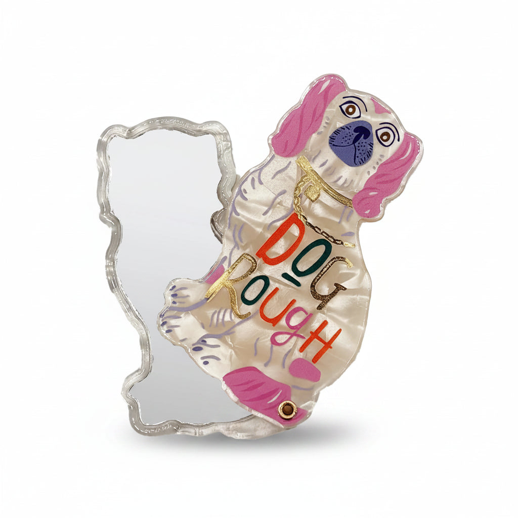 Product photo of open Dog House Dog Rough Compact Mirror revealing mirror and PVC design.