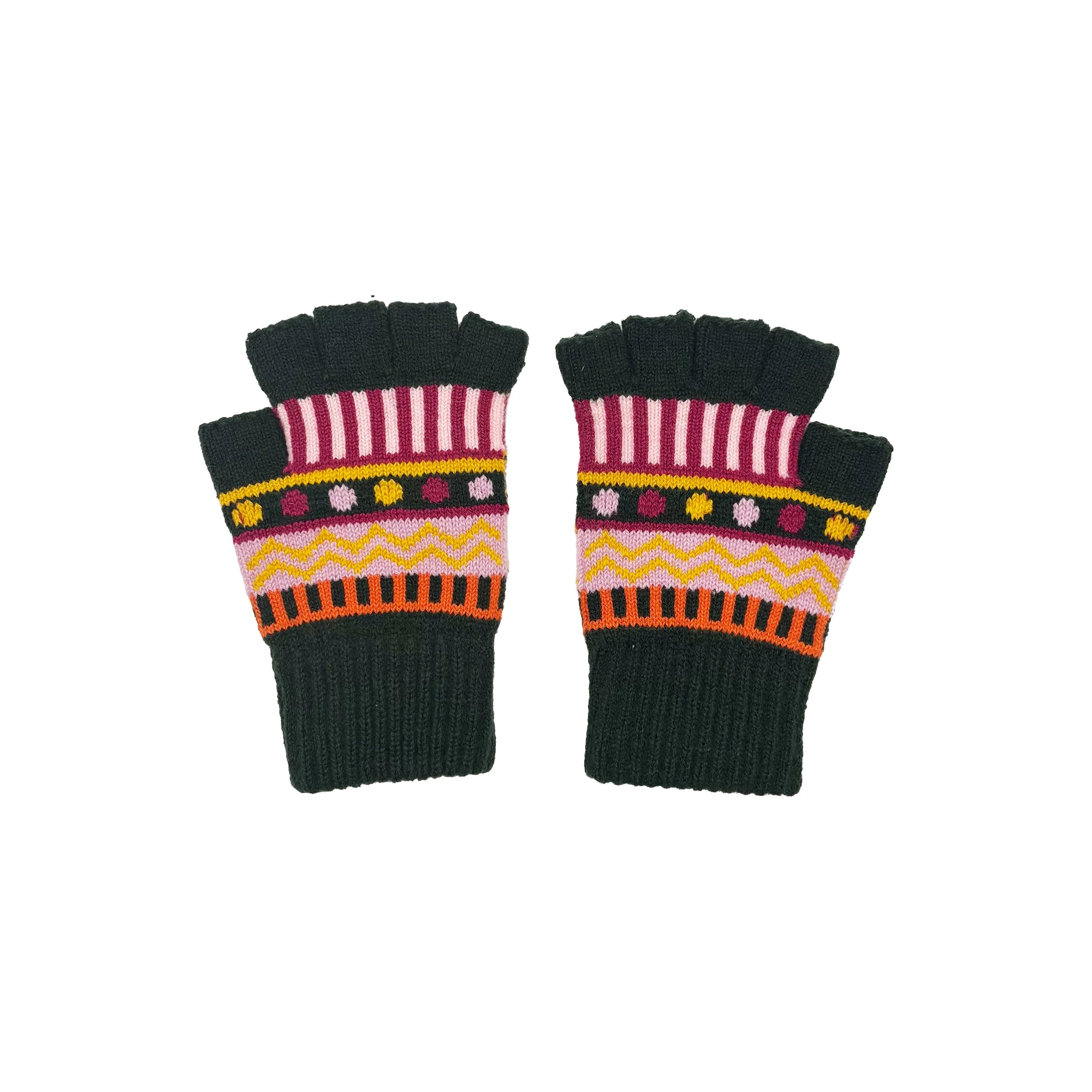 Studio shot of Dog House Fair Isle Fingerless Gloves in green with pink, yellow, and orange pattern.