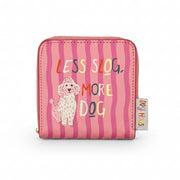 Flat lay of pink and green Dog House Purse with gold zip and colourful dog designs.