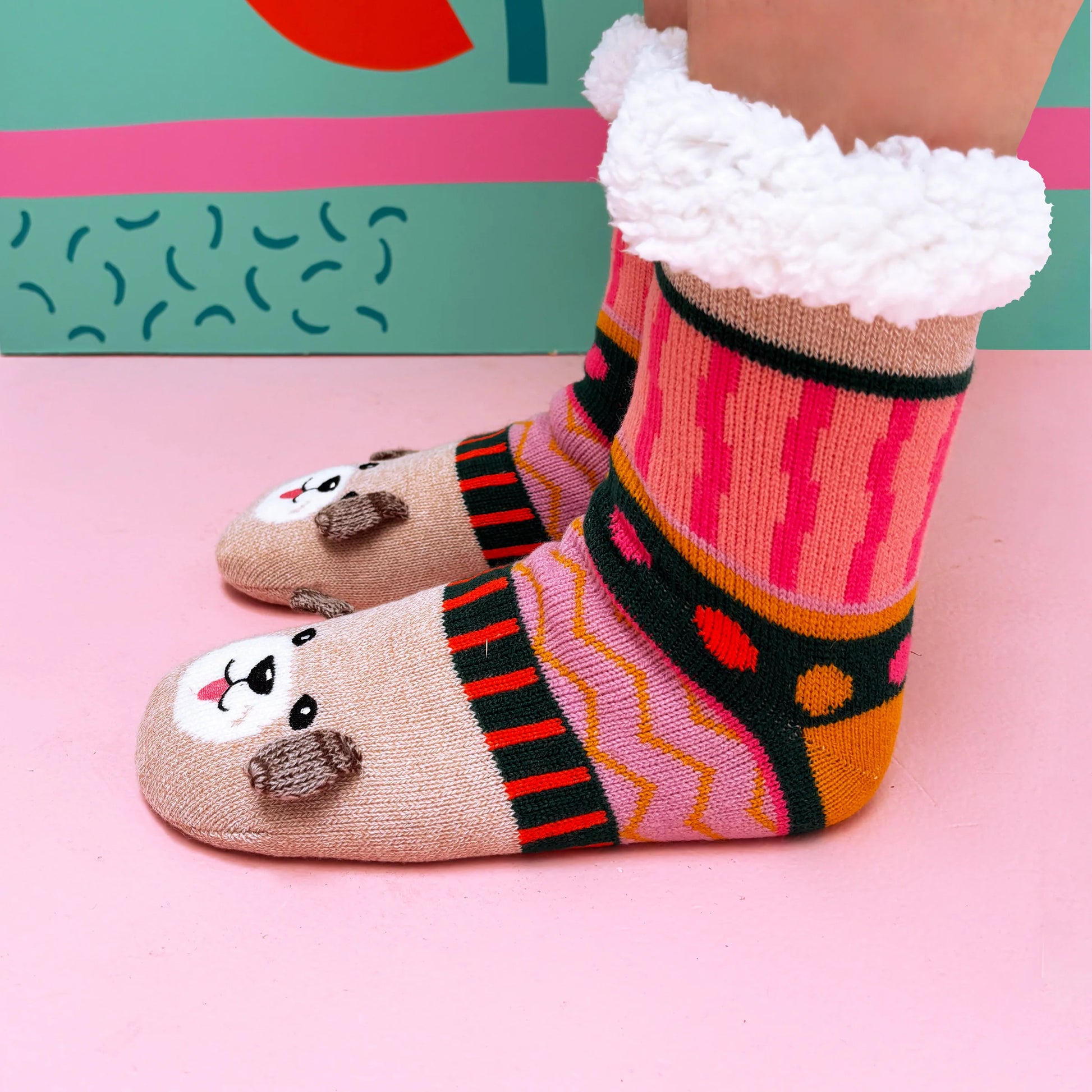 Side view showing playful Fair Isle pattern and 3D dog ears.
