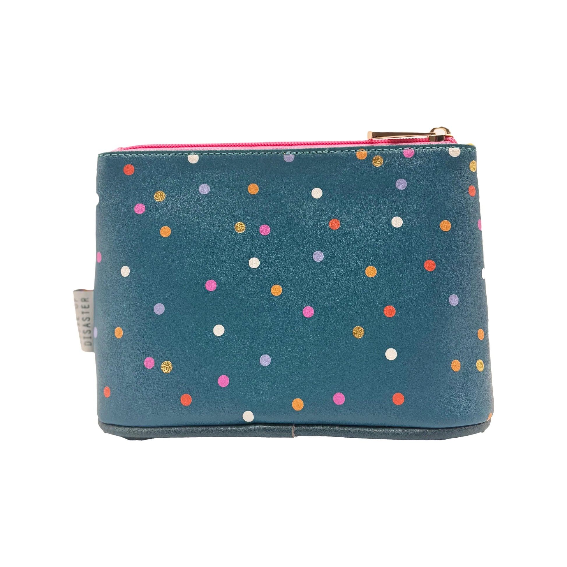Studio shot of teal PVC back with multicoloured dots.