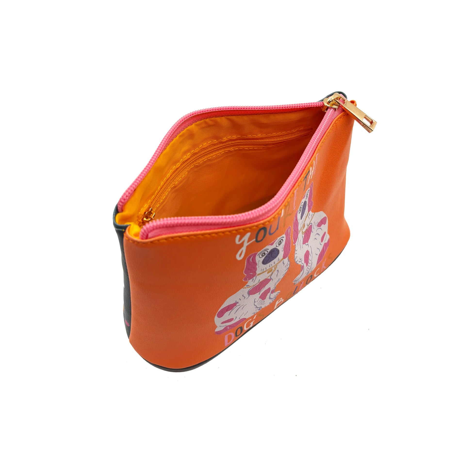 Open view showing orange cotton lining and inner zip pocket.