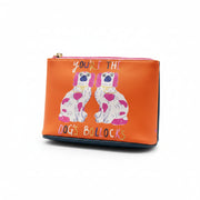 Side view of orange and teal Dogs Bollocks Makeup Bag with slogan.