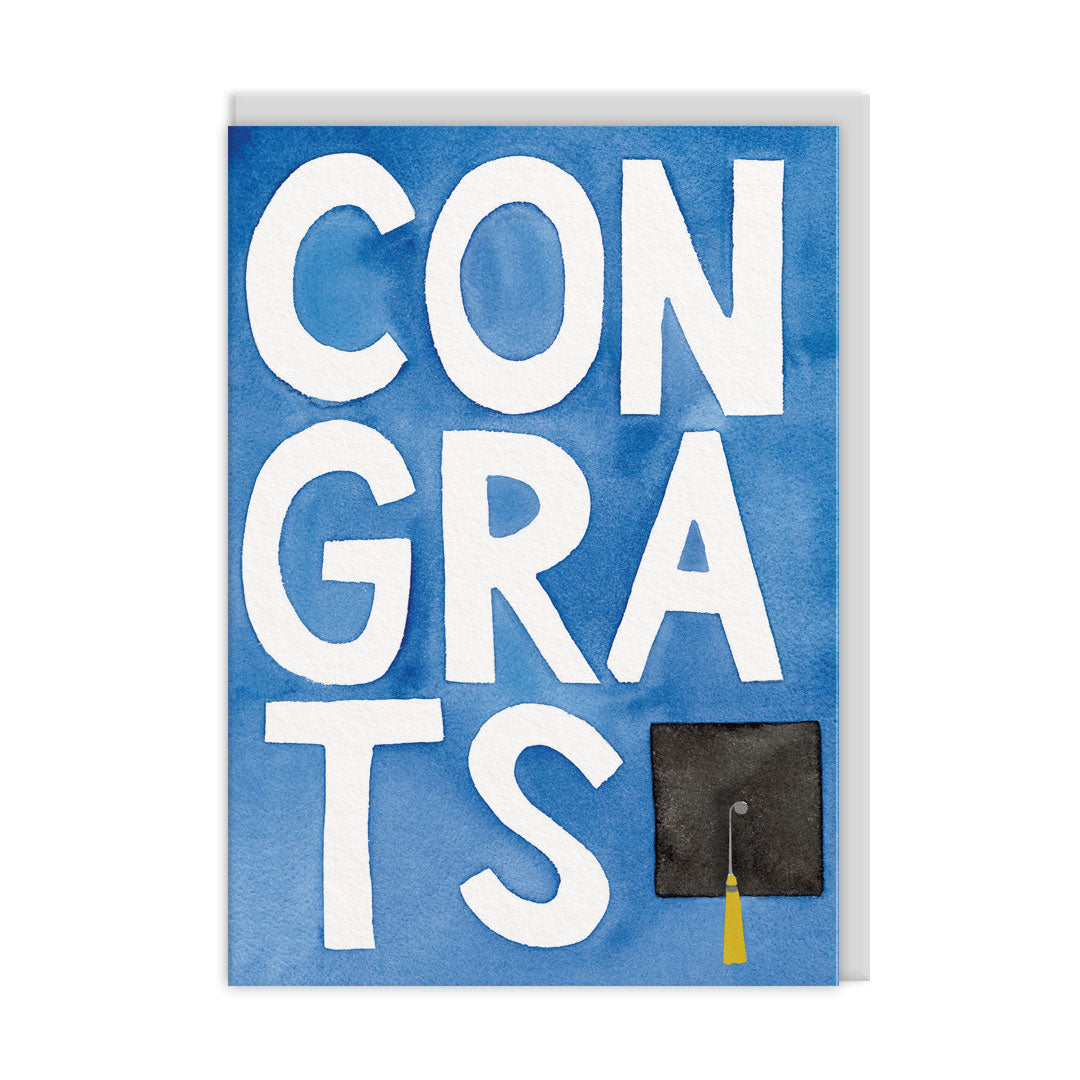 Blue watercolour card with the word congrats and a black mortar board