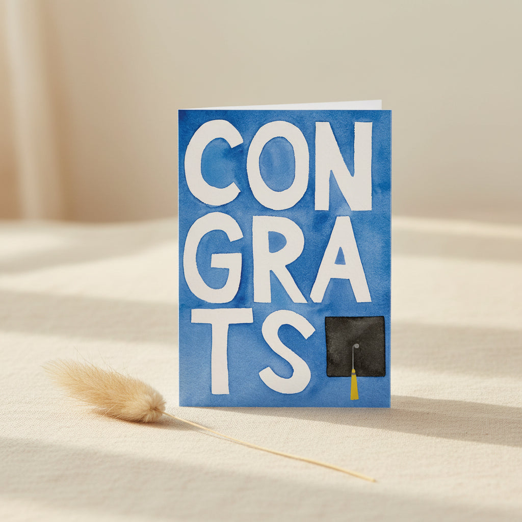 Graduation-themed card with 'CONGRATS' text and a graduation cap on a blue watercolor background