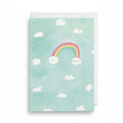 Mint watercolour new baby card with a small rainbow between two clouds