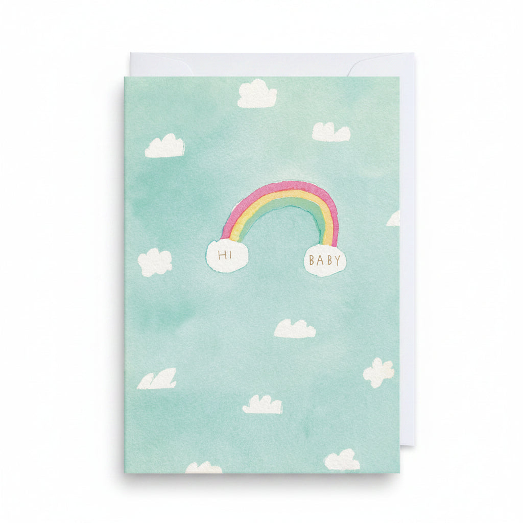 Mint watercolour new baby card with a small rainbow between two clouds