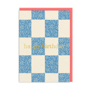 Cream and blue checkerboard birthday card with hand-drawn daisies in each square
