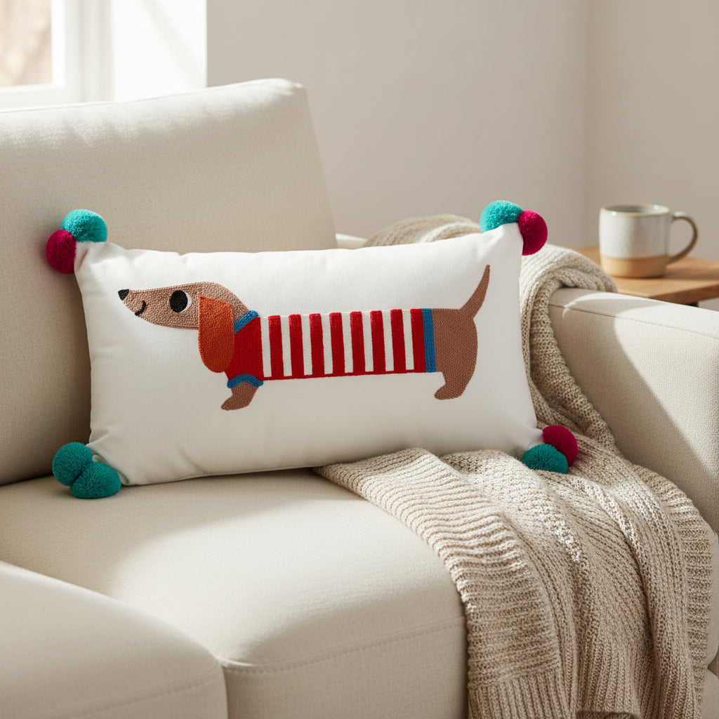 Sausage dog embroidered cushion with red striped jumper and colourful pom pom corners.