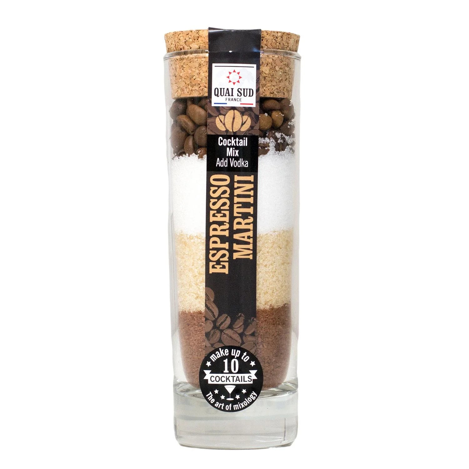 Espresso Martini Cocktail Mix jar with coffee beans and sugar layers.