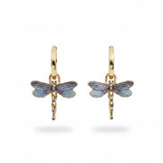 A pair of Fable England Dragonfly Crystal Earrings with blue enamel charms and gold-plated hoops on a white background.