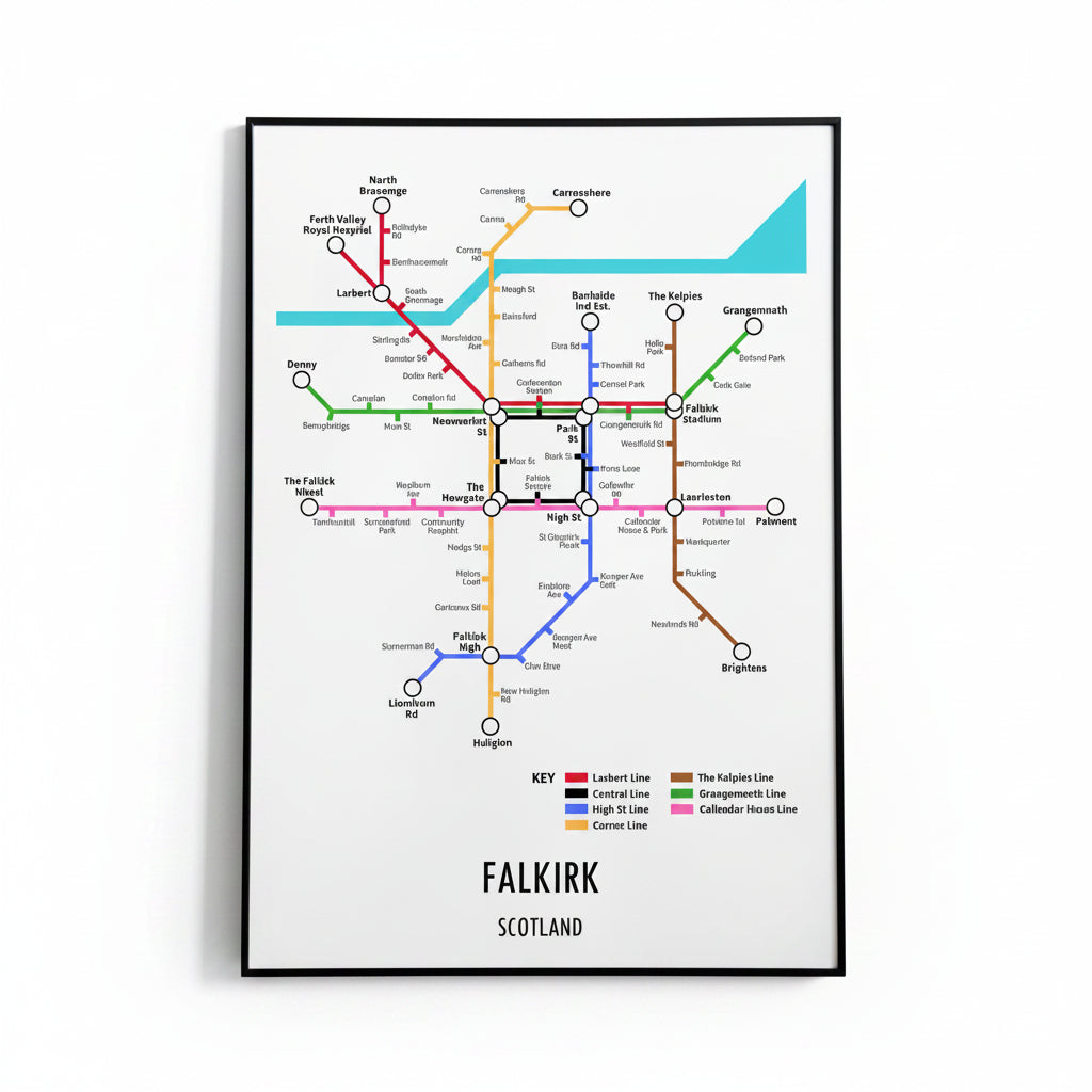 A framed poster featuring a colorful transit map of Falkirk, Scotland, styled leaning against a white wall on a light wood floor.