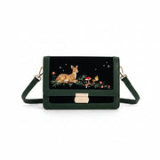 Fawn Embroidered Green Crossbody Bag with gold clasp and woodland fawn design on dark green velvet front panel.