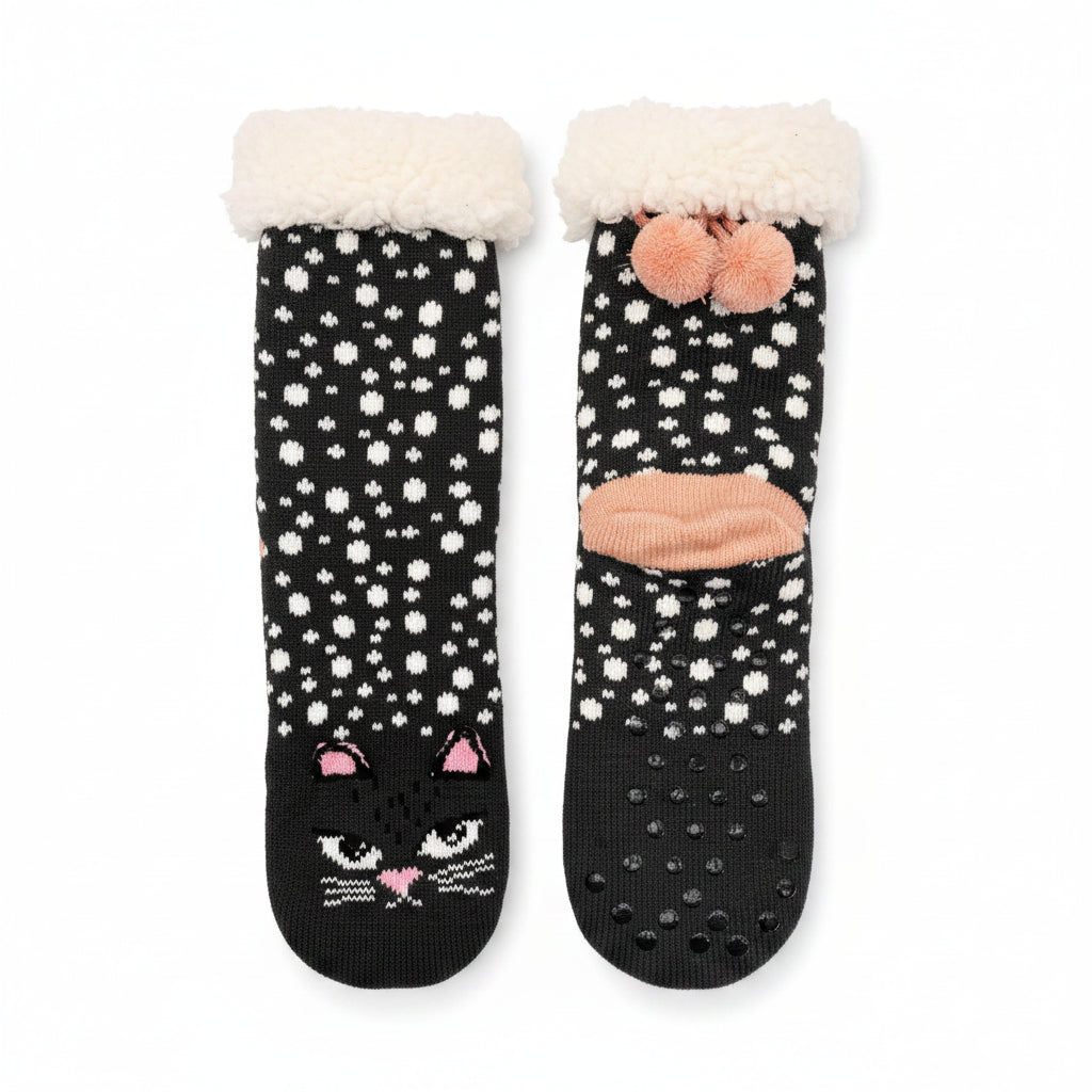 Flat lay of black and white polka dot slipper socks with pink accents.