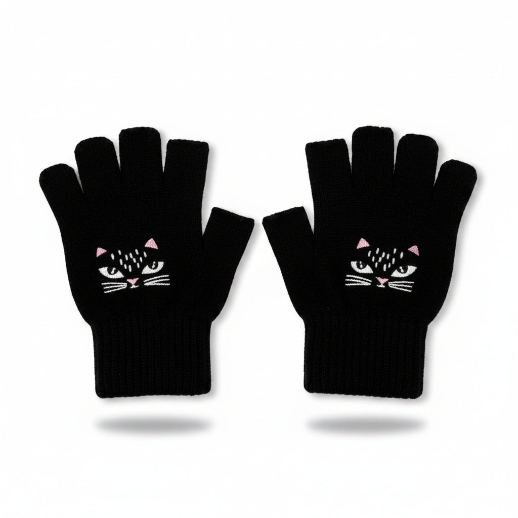 Studio image showing full view of fingerless gloves with ribbed cuffs.