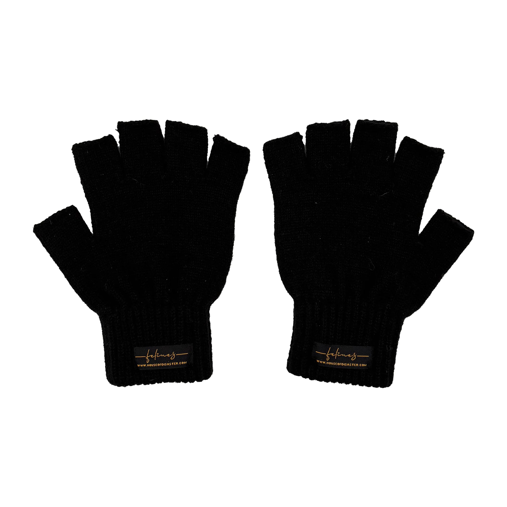 Rear view of gloves showing plain knit and branded label.
