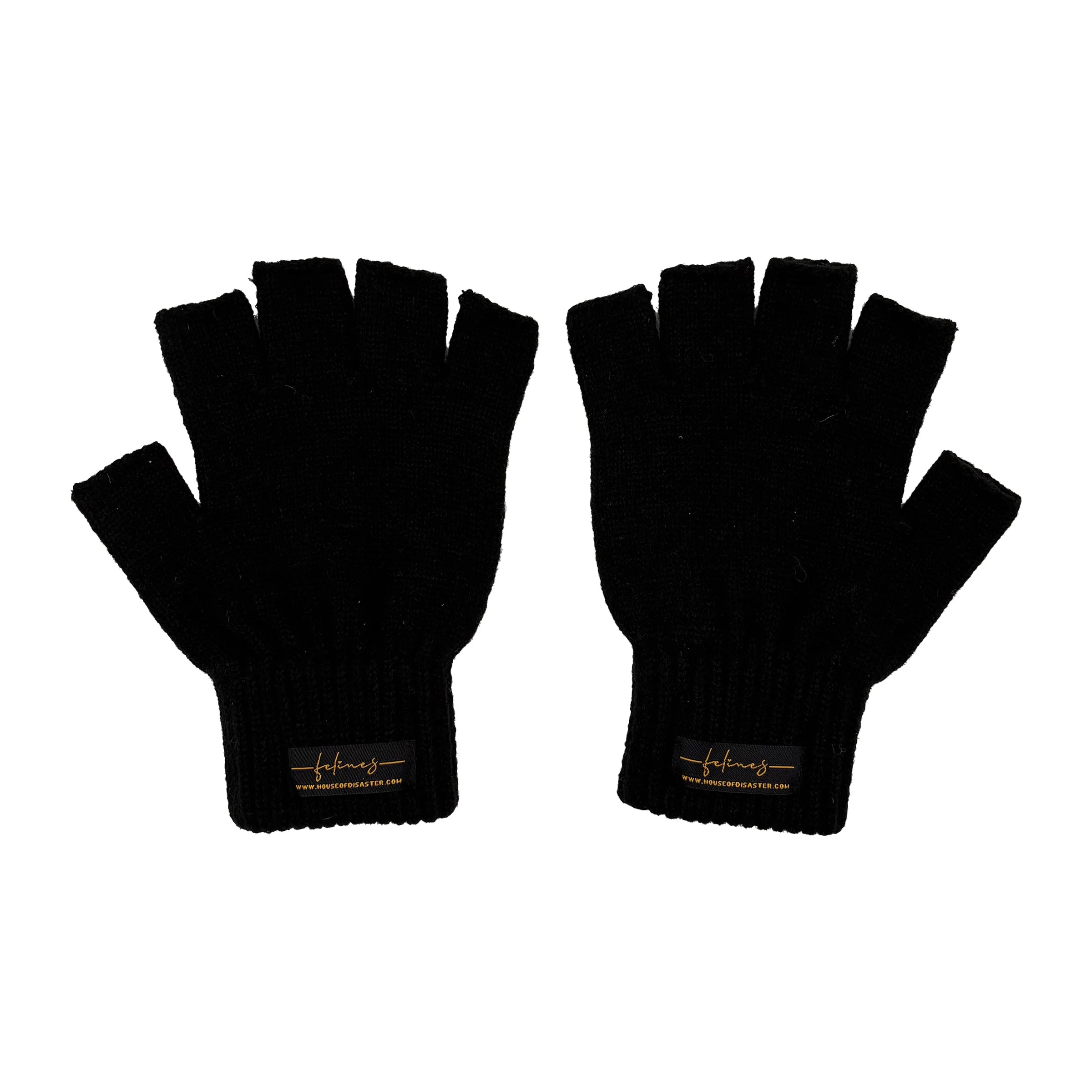 Rear view of gloves showing plain knit and branded label.