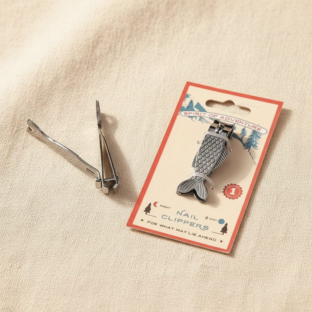 Fish shaped nail clippers in packaging with adventure design.