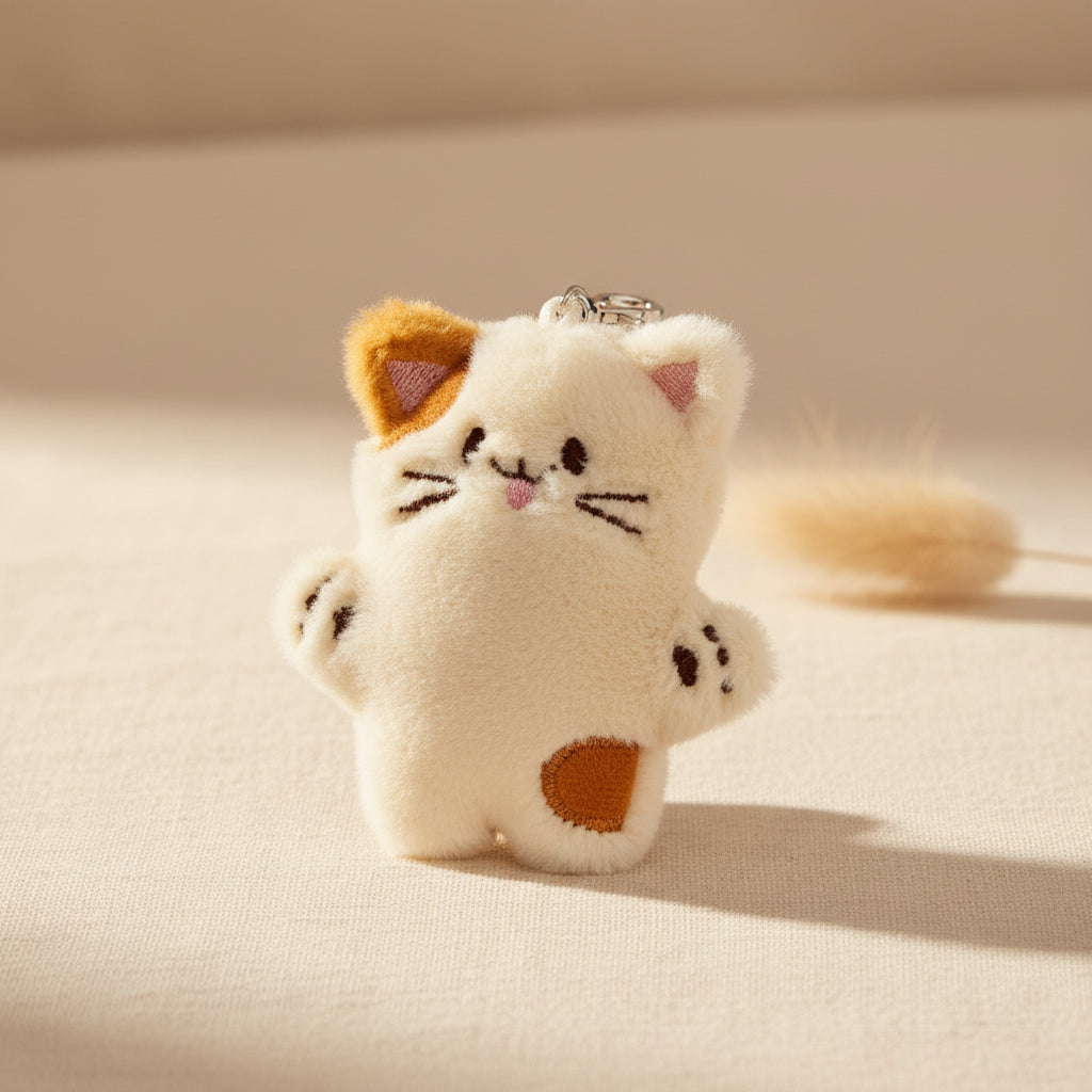 Fluffy off-white cat keyring charm with brown ear and lobster clasp.