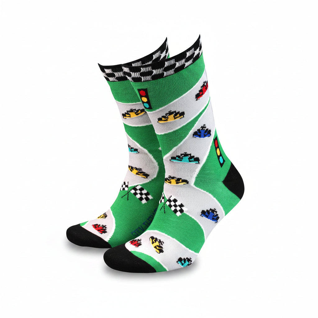 Formula One bamboo socks with racing car pattern on white background