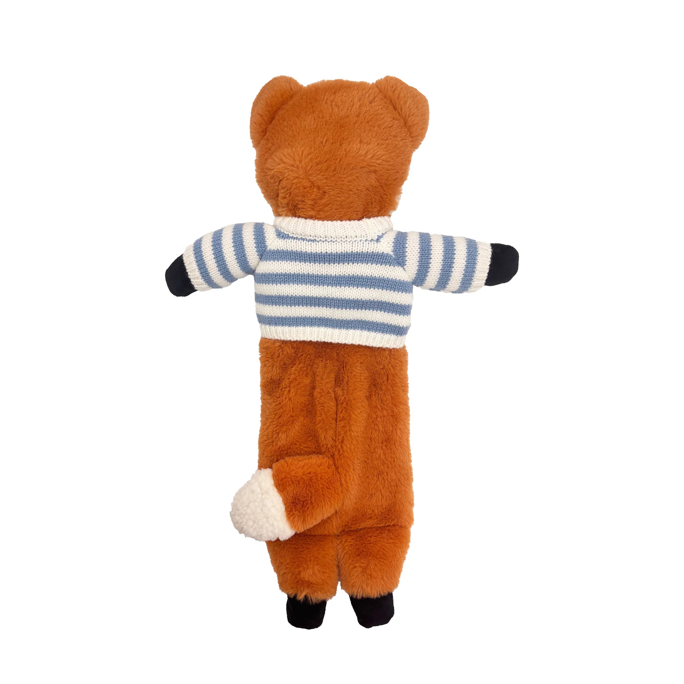 Rear studio image of fox hot water bottle showing fluffy tail and striped jumper.