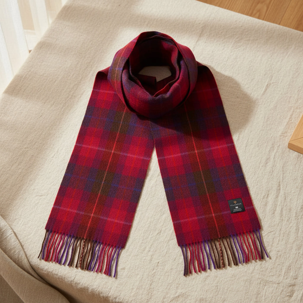 Fuchsia Red Tartan Lambswool Scarf