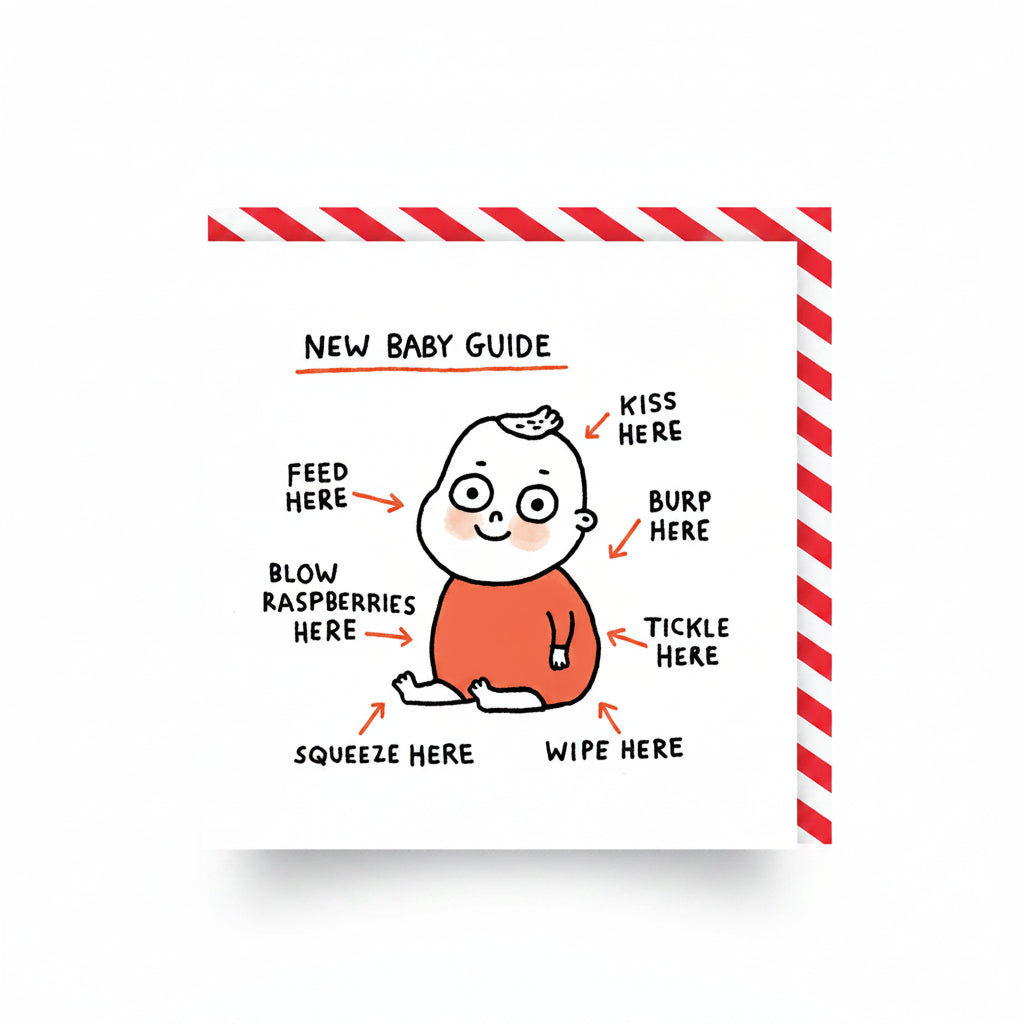 White square new baby card with a labelled diagram of a baby