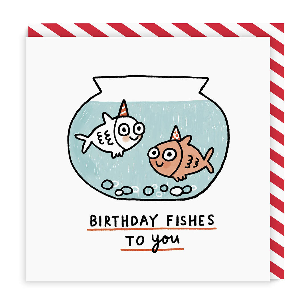 Square card with two goldfish in party hats in a bowl above a birthday pun