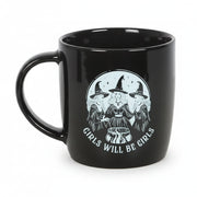 Front view of gothic black mug featuring three witches and text ‘Girls Will Be Girls’.