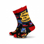 Go Away I’m Gaming men’s bamboo socks in black with red, blue and yellow gamer design.