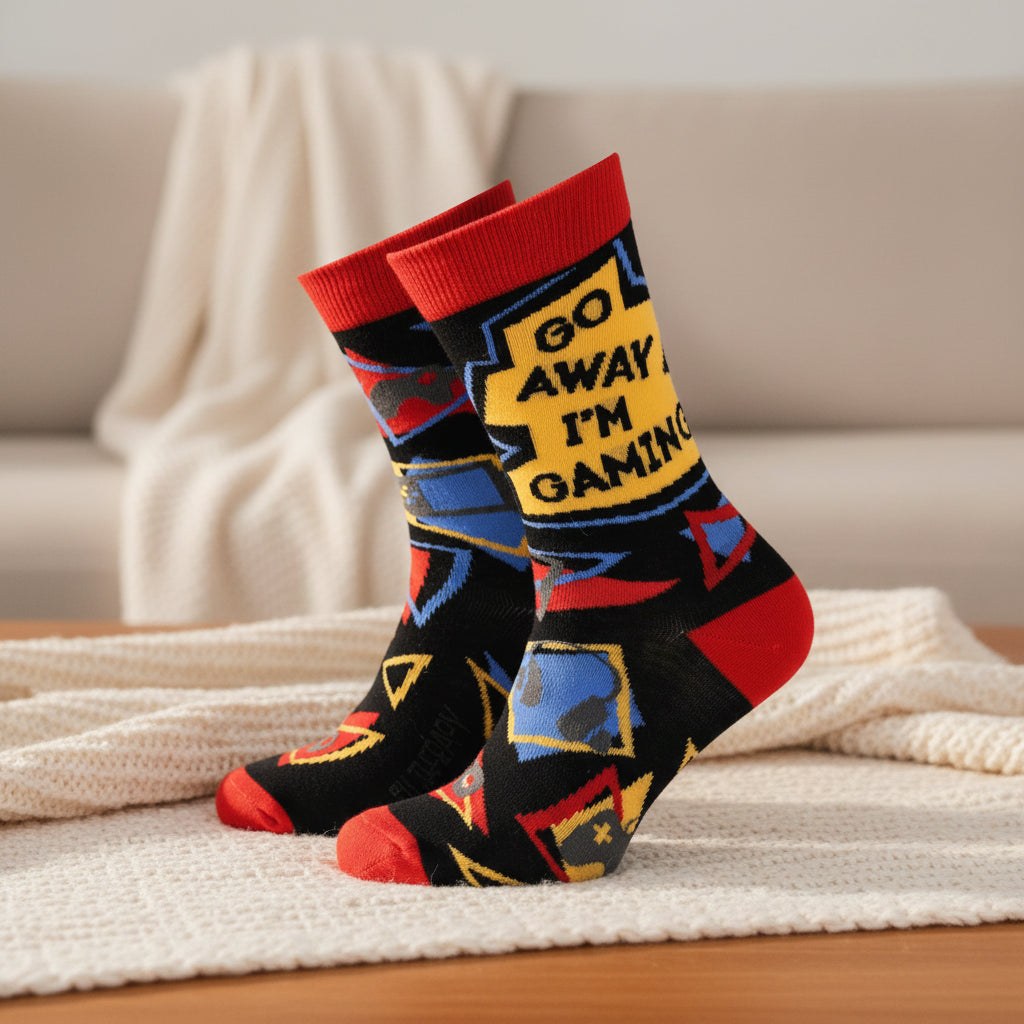 Colorful sock with 'Go Away I'm Gaming' text on a white background