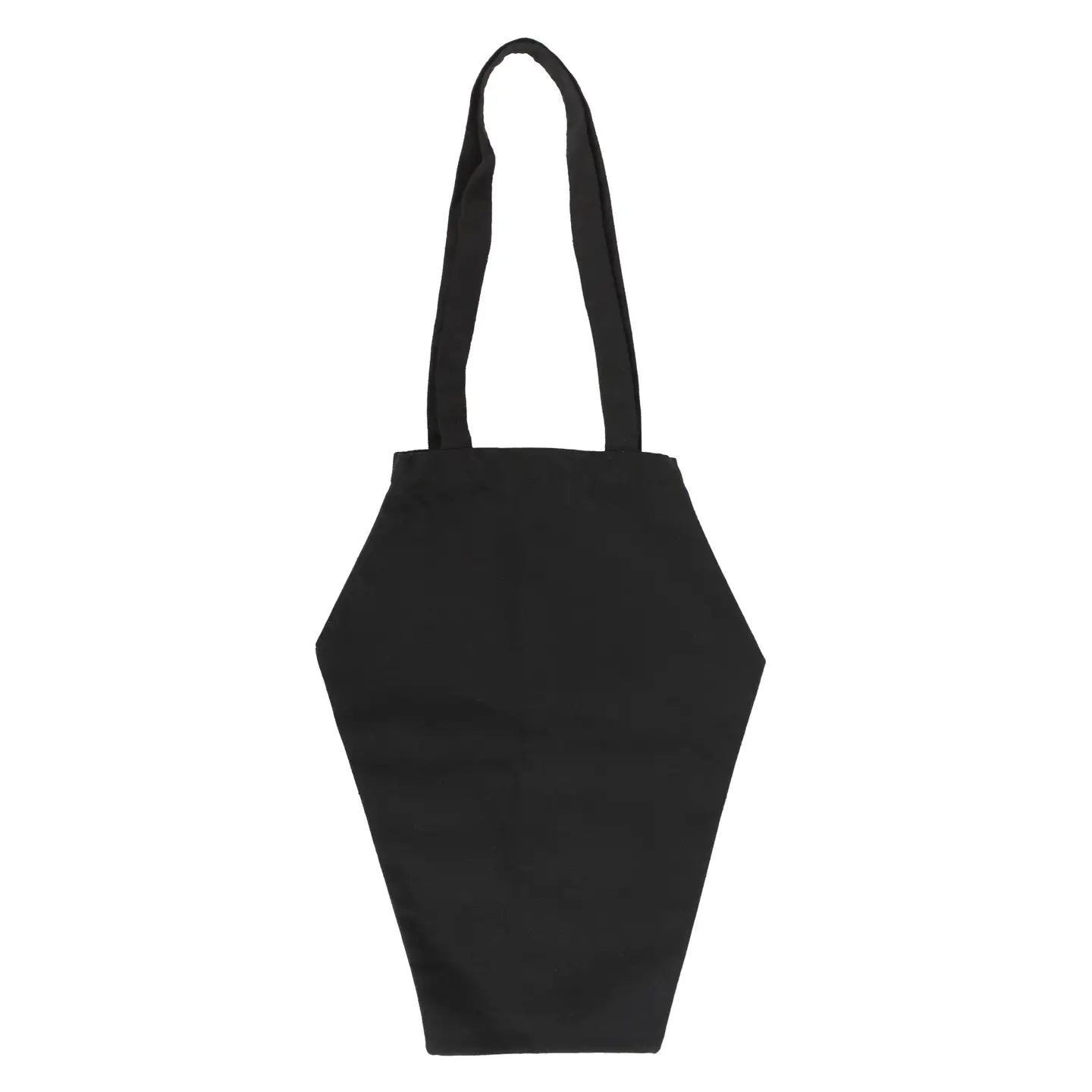 Back of black coffin-shaped tote bag showing plain fabric with no design, isolated on a white background.