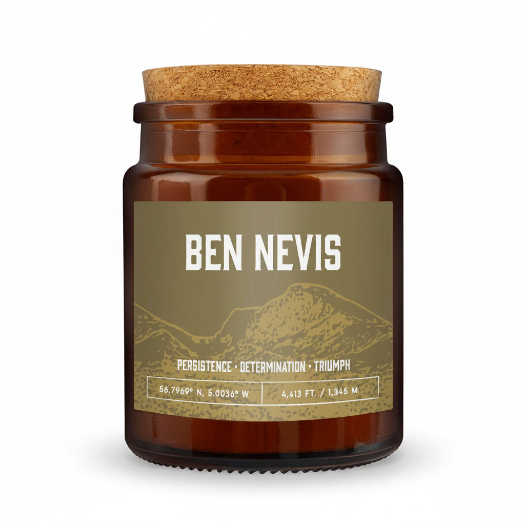 An amber glass jar candle with a cork lid and a brown label featuring the brand name 'BEN NEVIS' and a mountain illustration, set against a textured gray background.