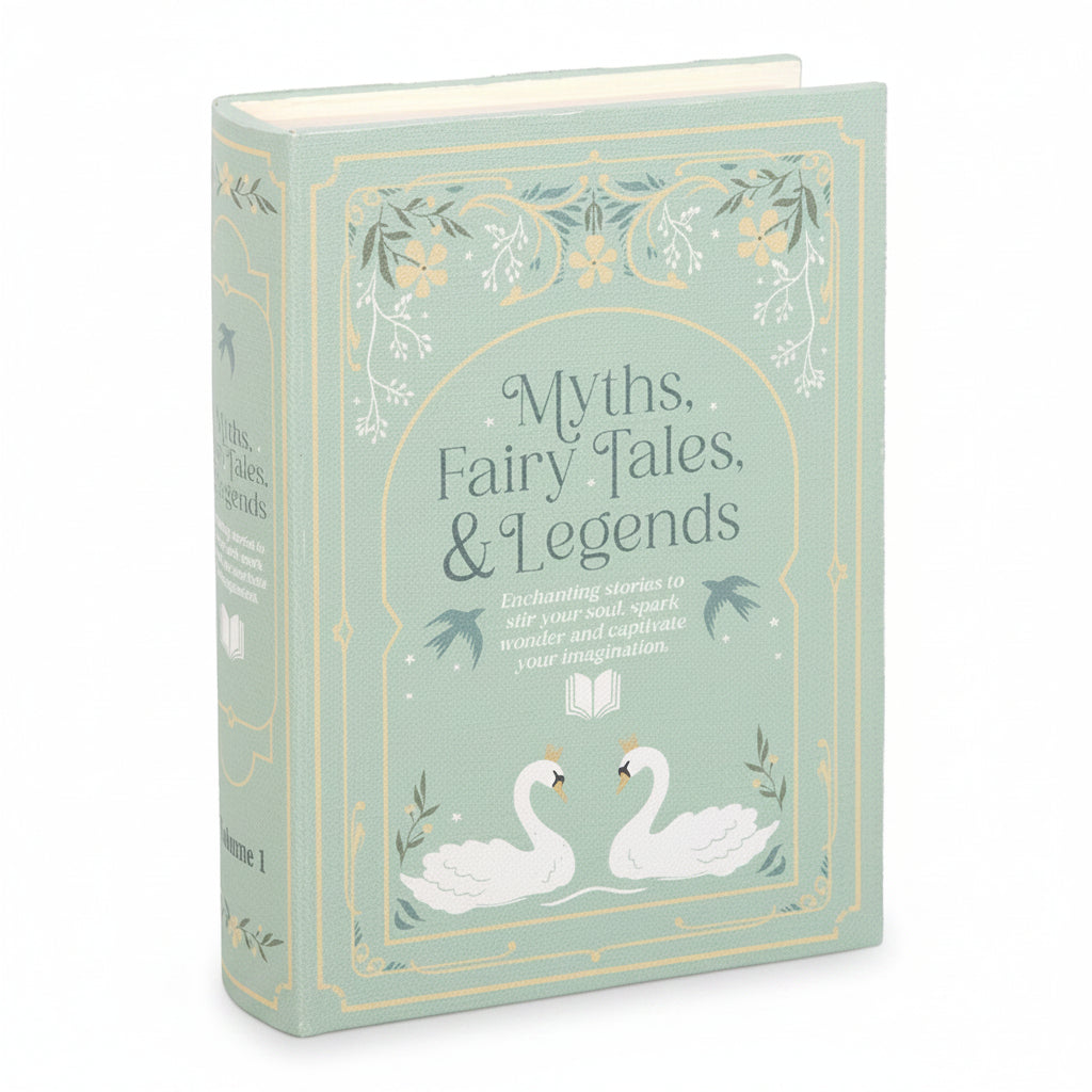 Closed green faux book storage box with swan illustration and floral detailing.