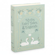 Closed green faux book storage box with swan illustration and floral detailing.