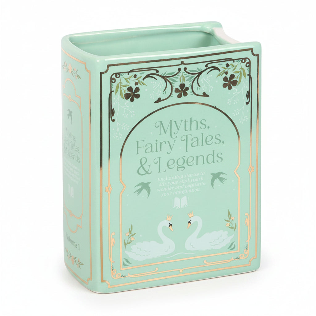 Green ceramic book shaped vase with gold floral detailing and swan illustration – unique book lover home accessory.