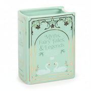 Green ceramic book shaped vase with gold floral detailing and swan illustration – unique book lover home accessory.